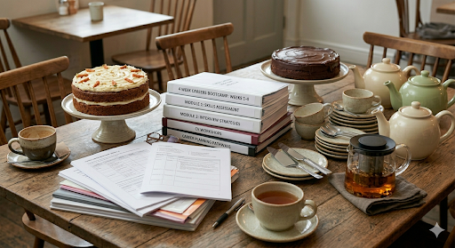 A wooden dining table with two whole cakes, stacks of bootcamp workbooks, teapots and teacups, set in a cosy kitchen.