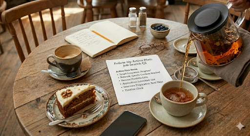 Tea being poured into a cup, alongside cake, a notebook and a printed job search action plan.