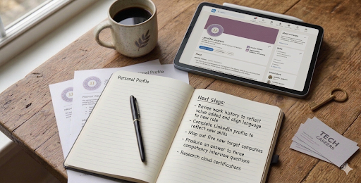 A workspace with a cup of coffee, printed documents, an open notebook with handwritten notes, a tablet displaying a LinkedIn profile, and business cards on a wooden table.